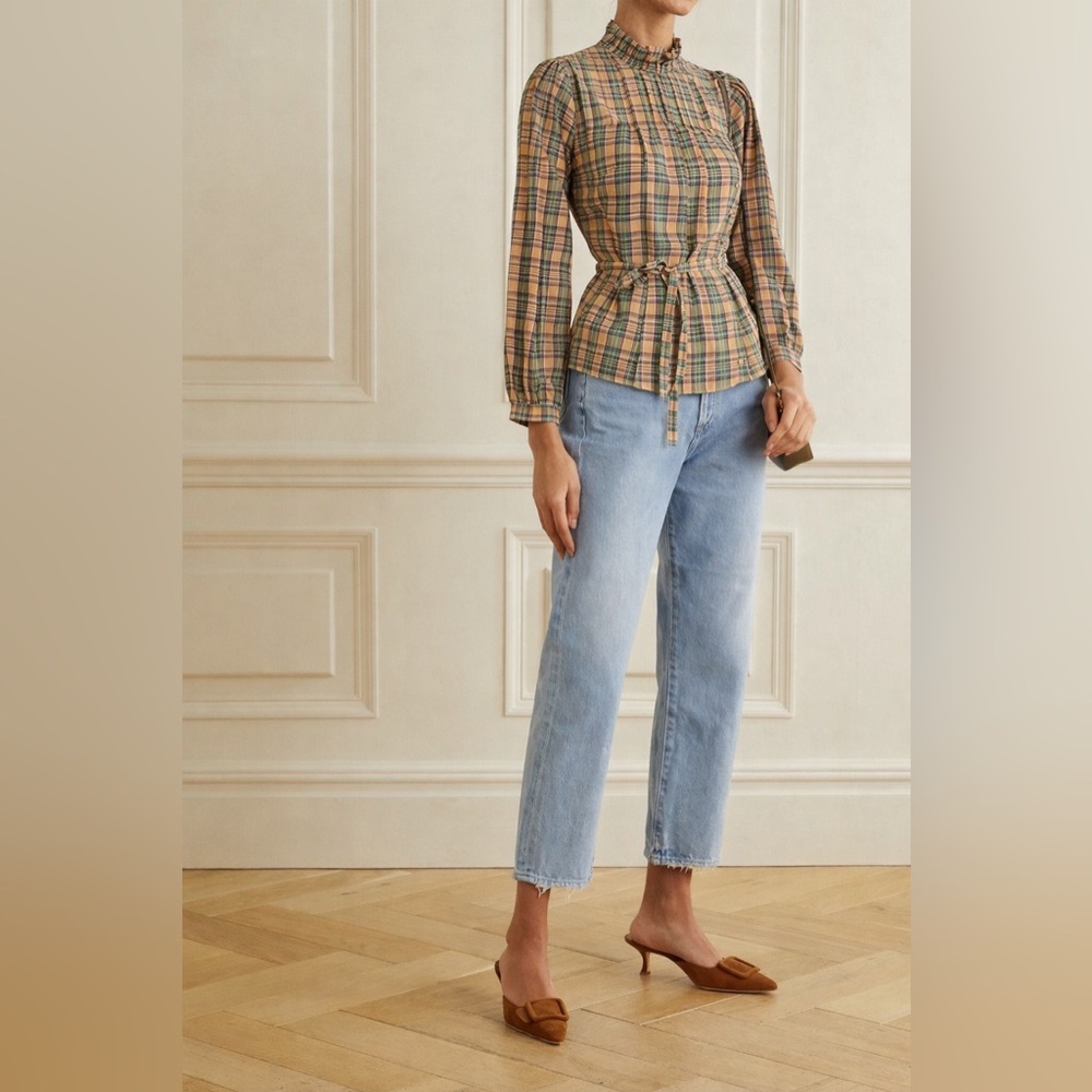 DÔEN Palmera Check Printed Waist Belted Pintucked Organic Cotton Voile Blouse - Picture 4 of 10